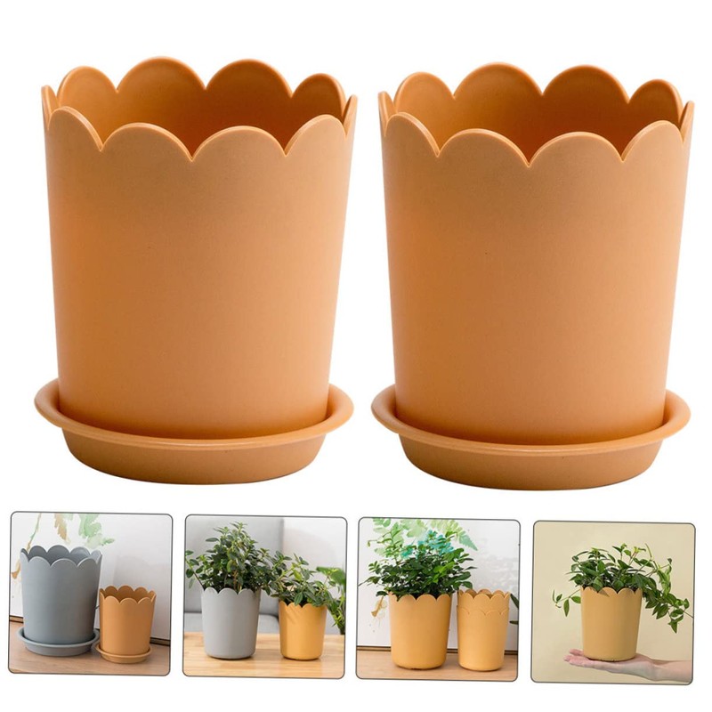 Sosoport 10sets Breathable Plastic Flowerpots with Tray Scalloped Design Nursery