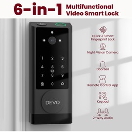 DEVO G1 Video Smart Lock with Camera & Doorbell, 6-in-1 Keyless Entry Door Lock with Fingerprint, App Remote, Auto Locks, Built-in Wi-Fi Smart Deadbolt for Front Door(Black)