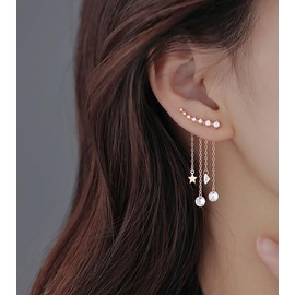 Reffeer 925 Sterling Silver Crawler Earrings Tassel Chain Dangle for Women Teens 7 Crystal Cuff Earrings Climber (C-Rose)