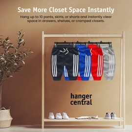 Hanger Central 30 Pack Pants Hangers – 10 Inch Slim Plastic Clothes Hangers with Clips for Skirts, Pants, Shorts – Heavy Duty Space Saving Non Slip Closet Organizer with Swivel Hook – Black