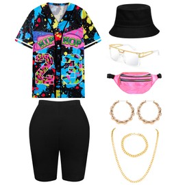 Mukum 9 Pcs 80s 90s Cotume for Women, 80s Hip Hop Outfit Set Hip Hop with Baseball Jersey Shirt Shorts Set for 80s Party - M