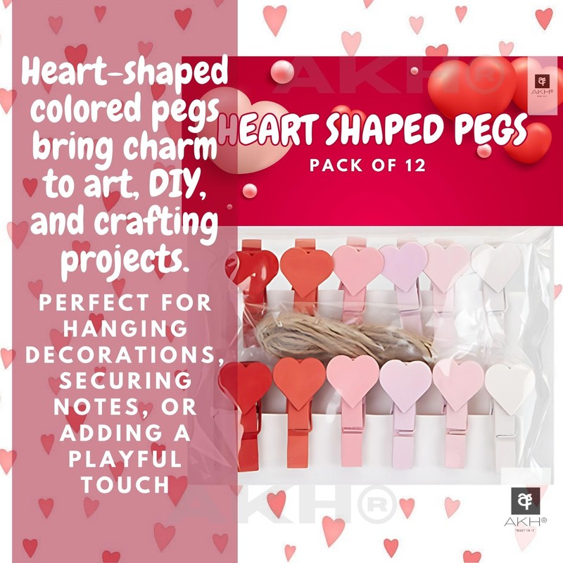 AKH® Heart-Shaped Pegs | 12 Pack | 3.5cm Wooden Decorative