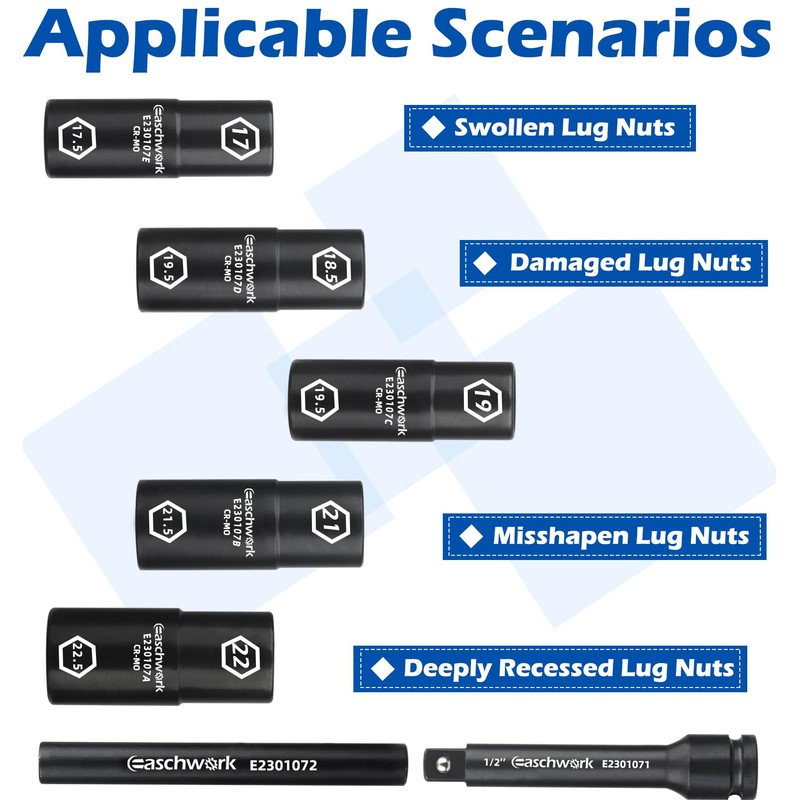 7Pc Half Size Lug Nut Socket Set 1/2” Drive Thin
