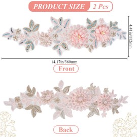 CABODYALS 2Pcs 3D Floral Embroidery Applique Polyester Beaded Lace Appliques Pink Sequin Embroidered Flower Sew on Tulle Patches for Sewing Making Clothes Dress Wedding Crafts Gowns Bag Costume Supply