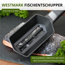 Westmark 65007760 Fish Scaler with Scale Catcher Black Edition - Aluminium, Food-Safe Special Coating, Stainless Steel, 21 x 5.9 x 5.3 cm, Scalex, Anthracite