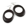 Open Cut Oval Wooden Hoop Earrings in Black - 80mm