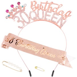 AHONEY 30th Birthday Queen Headbands for Women, 30 Birthday Queen Sash and 30th Birthday Tiara Set, 30th Birthday Decorations Birthday Gifts for Women Party Favors (Rose Gold)