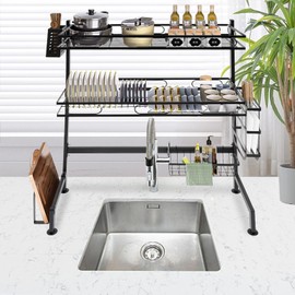 JAYGOVAN Over The Sink Dish Drying Rack,2 Tier Dish Rack Over Sink with Baskets Utensil Holder Cup Holder&chopping board rack, Large Dish Rack for Kitchen Sink Organizer -25.6''×11.02''×32.28''
