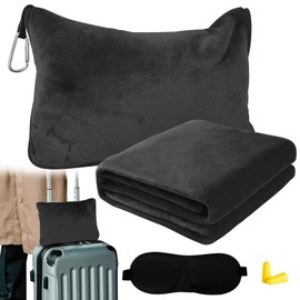 Bocguy Travel Blanket Aeroplane, Pillow Blanket 2 in 1, Travel Blanket Ultralight Warm, Travel Blanket with Sleeping Mask and Earplugs, Portable Travel Blanket for Camping, Business Trips (Black)