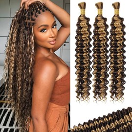 Human Braiding Hair Deep Water Wave Bulk 100g 20 Inch P4/27 Curly for Boho Braids Extensions No Weft 3 Braids Per Pack Wet and Wavy Highlight