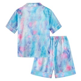 Conjunto de pijama de satén para niñas y mujeres, ropa de dormir de 2 piezas, 3 años, para mujer, XXL, Light Tie Dye Blue Pink, X-Large