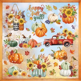 decalmile Happy Fall Pumpkin Window Clings Red Truck Autumn Flower Thanksgiving Double Sided Anti-Collision Window Decals