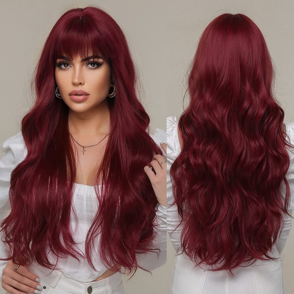 iShine Long Red Wigs for Women Wavy Burgundy Red Wig with Fringe Natural Synthetic Hair Wig for Christmas Gift Daily Party Cosplay Use Heat Resistant