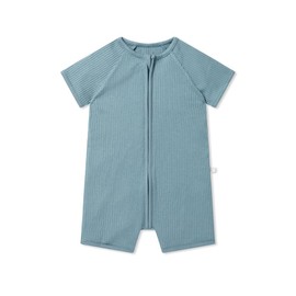 MORI Baby Unisex Summer Zip-Up Romper in Ribbed Blue - Breathable Short Sleeve Pajama - Comfy Nightwear - 18-24 Months