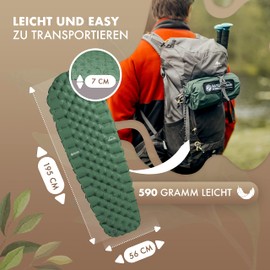 NATURBUMMLER ® Camping Isomatte Outdoor 195x56cm [sehr kompakt & leicht] inkl. Co2-Neutralität – in Sekunden aufgepumpt – Isomatte Camping Luftmatratze Camping aufblasbare Isomatte (Naturgrün)