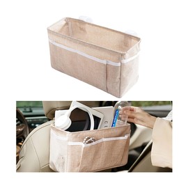 Bittwee Car Seat Back Organizer, Linen Hanging Self-Adhesive Vehicle Backseat Storage Bag with Multiple Pockets, Auto Caddy for Book Water Bottle Holder, Universal for SUV, Truck, Van (Beige)