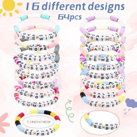 yesaior 64 pcs Inspirational Beaded Bracelets Bulk Adjustable Colored Motivational Bracelets Friendship Beaded Encouragement Gifts for Women Men Teens Home Office Party Favor Gifts Supplies (Clay)