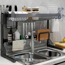 Over Sink Dish Drainer Drying Rack, 2 Tier Full Stainless Steel Storage Adjustable Length (25.98'' to 36.61'') Kitchen Rack, Multifunctional Expandable Counter Organizer, Space Saver Dish Rack organizer Black - Color: Black Gray