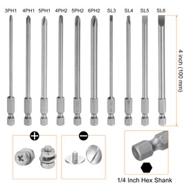 sourcing map 10pcs Slotted Phillips Screwdriver Bit SL3/4/5/6 PH1(3.0/4.0/5.0) PH2(4.0/5.0/6.0) S2 Steel 1/4" Hex Shank 4" Length Magnetic Flat Cross Head Power Drill Bits