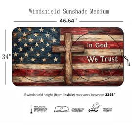 [2025 Upgrade] TDCQQGQQ Windshield Sunshade, American Flag with Wooden Cross Design, “in God We Trust,” UV Protection and Heat Reduction, Car Sunshade for Trucks, SUVs, and Cars,63 L x 34" W