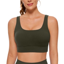 CRZ YOGA Butterluxe Womens U Back Sports Bra - Scoop Neck Padded Low Impact Yoga Clothes Workout Crop Top with Built in Pads Olive Green Small