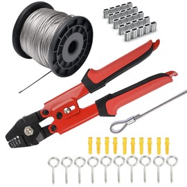 Wire Rope Crimping Tool Kit - 2mm (5/64") Stainless Steel Vinyl Coated Aircraft Cable (100ft) with 100 Aluminum Ferrules and 10 Hooks for Picture Hanging, String Lights, Outdoor Decor, Tether (Red)
