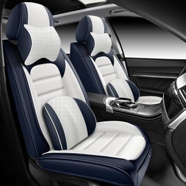 Bitablue Seat Covers for Volkswagen GTI 2002-2014 PU Leather Car Seat Cover Compatible Airbag Seat Protector Waterproof Luxury Auto Seat Covers(Blue&White,Front Set with Pillow)