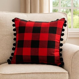 Fennco Styles Buffalo Plaid Red and Black with Pom Pom Design 17-Inch Square Decorative Throw Pillow Cover for Holiday, Christmas, Home and Bedroom Décor