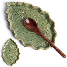 Anoonse - Soporte de cuchara de cerámica para estufa, bonito soporte para cuchara/soporte para cuchara en forma de hoja verde para encimera de cocina, soporte para cuchara de cocina, soporte para