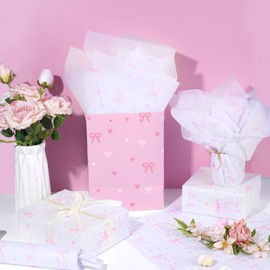 Pineraap 100 Sheets Pink Bow Tissue Paper, Cute Bowknot Printed Gift Wrap Tissue Paper Decorative Art Paper for Gift Packing Birthday Baby Shower Wedding Party DIY Crafts, 14 x 20 Inch
