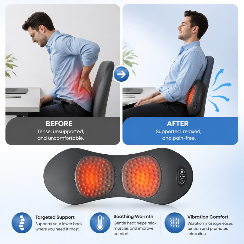 3-in-1 Lumbar Support Massager Cushion for Relaxation – Adjustable Heat