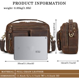 Leather Messenger Bag for Men, 11 Inch Laptop Bag, Crossbody Bag Men, Vintage Leather Satchel Bag Men, Full Grain Business Briefcase Shoulder Bag for Office,Work,Travel - Brown