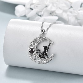 VONALA 100 Languages I Love You Black Cat Necklace 925 Sterling Silver, Celtic Moon Pendant Jewellery Birthday Gifts for Cat Lovers