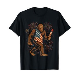 Bigfoot Fireworks 4th of July Men Sasquatch American US Flag T-Shirt