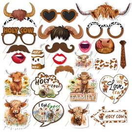 CheeseandU 25Pcs Highland Cow Photo Booth Props Highland Cattle Holy Cow Theme Party Decorations Western Highland Cattle Selfie Photography Props for Cowboy Cowgirl Holy Cow Birthday Decoration