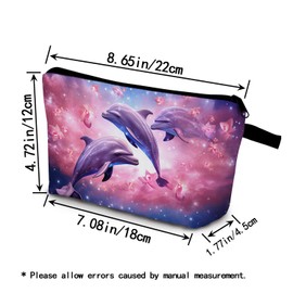 YULUENZE Dolphin Present Floral Dolphin Makeup Bag Cute Small Organizer Bag with Zipper Pink Clouds Dolphins Cosmetic Bag Birthday Presents for Dolphin Lovers Women Sisters Friends