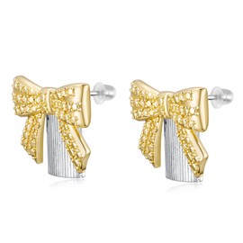 Evabelle Chunky Gold Earrings Bow Earrings for Women Trendy Nugget Statement Gold Jewelry Lightweight Hypoallergenic Dainty Dangle Drop Christmas Jewelry Accessories (Style01- gold mixed silver bow earrings)