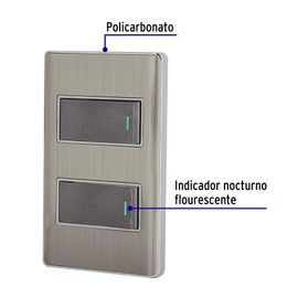 Volteck PA-APDO1-LA, Placa armada con 2 interruptores sencillos color acero línea Lisboa