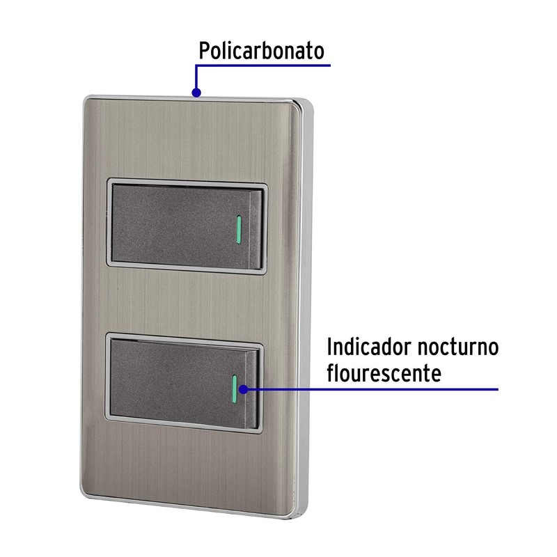 Volteck PA-APDO1-LA, Placa armada con 2 interruptores sencillos color acero