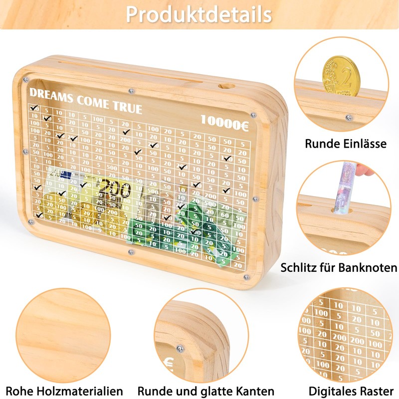 Wooden Money Box, 10,000 Euro Money Box with Numbers, Piggy