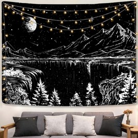 Lunaanda Black and White Tapestry, Starry Night Tapestry, Moon and Star Wall Hanging Tapestry, Art Black White Wall Hanging, Starry Night, for Bedroom, Living Room, Dorm, 150 x 200 cm