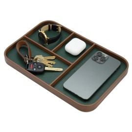 MUUJEE Leather Catchall Multitray (Design 3) - 11.65 x 7.75 x 0.8, Nightstand Entryway Bedside Dump Tray Valet Organizer for Keys Phone Wallet Watch Glasses Pens, Office Desk Accessory for Men, Green