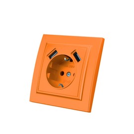 Wall Socket with USB Flush-Mounted Plug, 2 USB Sockets, Wall Socket for Indoor Use, 250 V AC 16 A, Orange Earth Plug