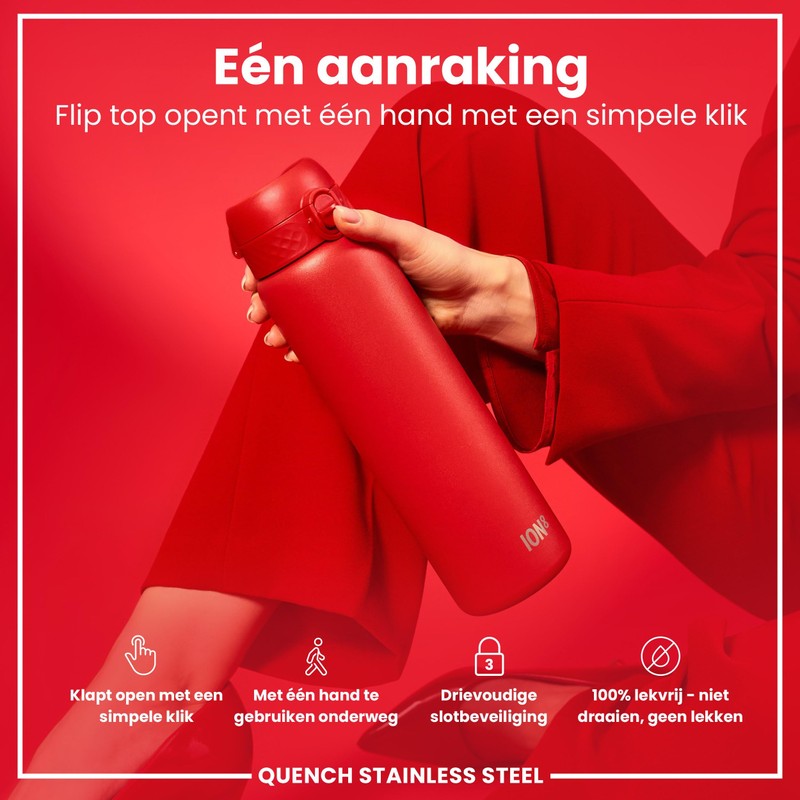 Ion8 Leak-Proof 1 Litre Water Bottle, Stainless Steel, Red, 1200