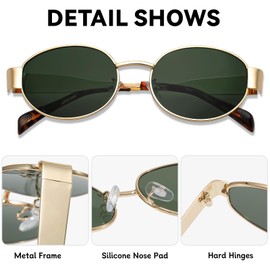 LOJUDI Retro Sunglasses Men Women Oval Metal Frame Round Vintage Round Sunglasses UV400 Protection, Gold / Green