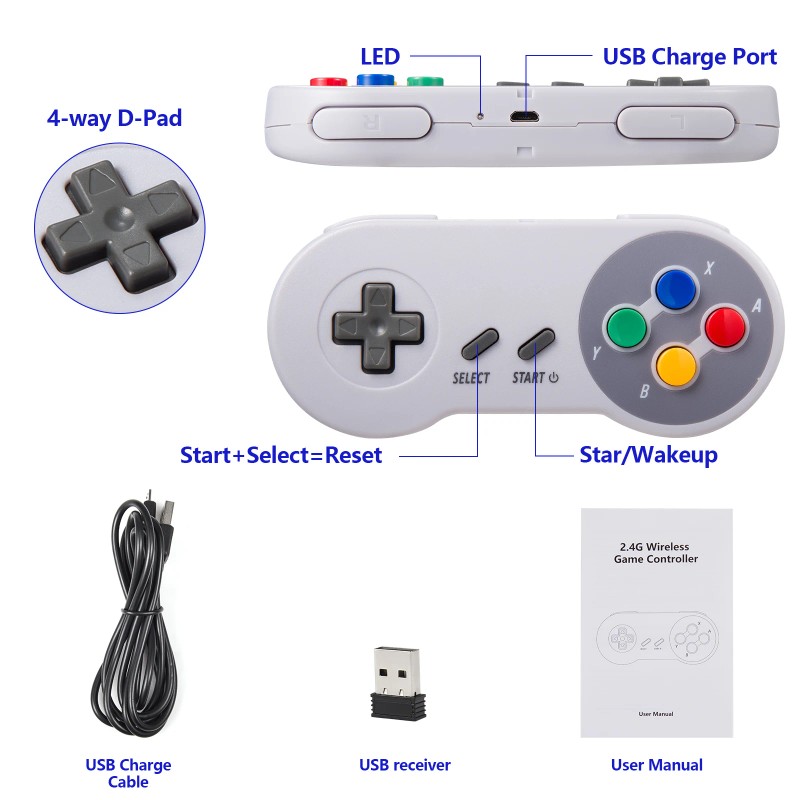 Wireless SNES Controller Gamepad + 2.4GHz USB Receiver Compatible with