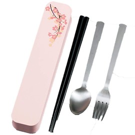 Tatsumiya Cutlery 3-Piece Set, Chopsticks, Spoon, Fork, Pink, Size: Approx. W 8.7 inches (22.2 cm), D4.4 inches (4.4 cm), H2.9, 33313