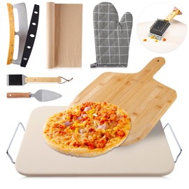 Zonzest Pizza Stone Set 8PCS – Professional 15" Large Pizza Stone for Oven and Grill With Pizza kit, Pizza Cutter, Server, Pizza Peel, Gloves, Baking Paper Baking Stone for Grill -Pizza Peel Set