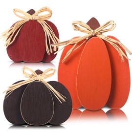 Faccito 3 Pcs Fall Decorations Wooden Pumpkin Signs Thanksgiving Table Centerpieces Autumn Tiered Tray Decorations Farmhouse Pumpkins Block with Straw Bow for Home Mantel Harvest Party(Retro Color)
