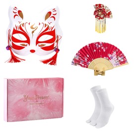 CRFASIBE Japanese Kimono for Women Geisha Costume Asian Dress Anime Costume Yukata Kimono Robe Mask Hand Fan Socks 5pc(Red)